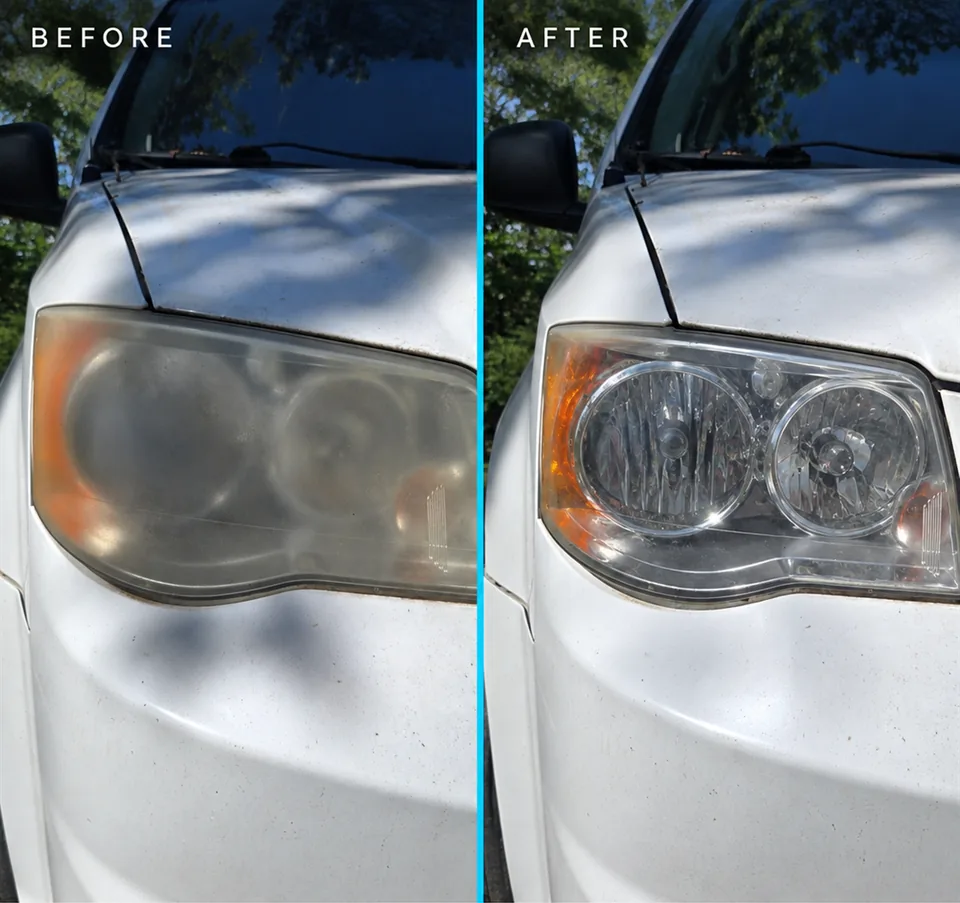 White Dodge minivan headlight before and after restoration